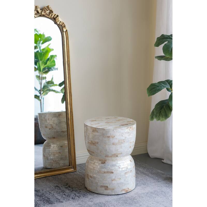 14x14x18" Decorative Bamboo Hourglass Stool With Gold And White Capiz Shell Finish