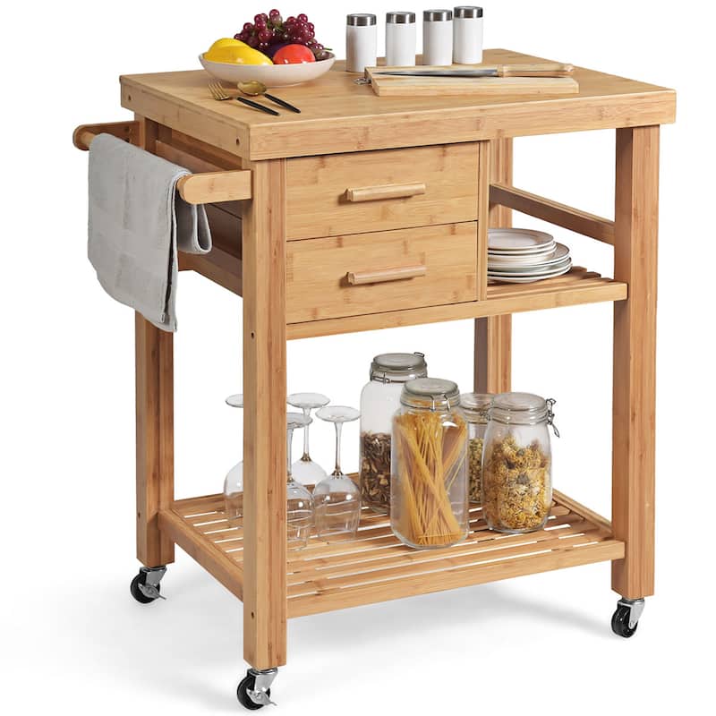 Costway Bamboo Kitchen Trolley Cart Wood Rolling Island w/ Tower Rack - Kitchen Cart