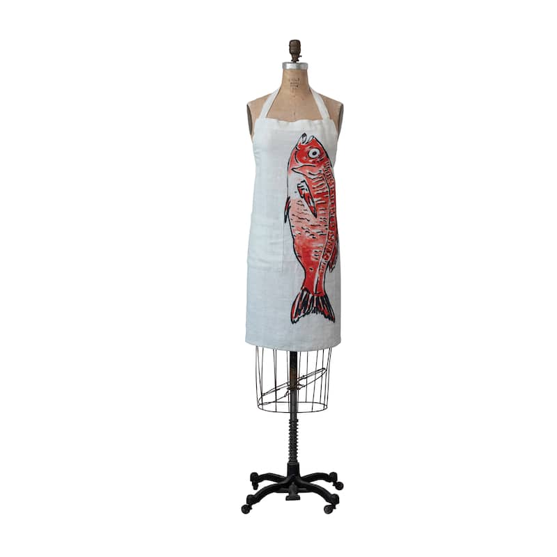 Linen Apron with Pocket and Fish Design - 32.0"L x 28.0"W x 0.3"H - Multicolor - 32.0"L x 28.0"W x 0.3"H