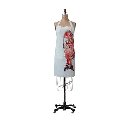 Linen Apron with Pocket and Fish Design - 32.0"L x 28.0"W x 0.3"H