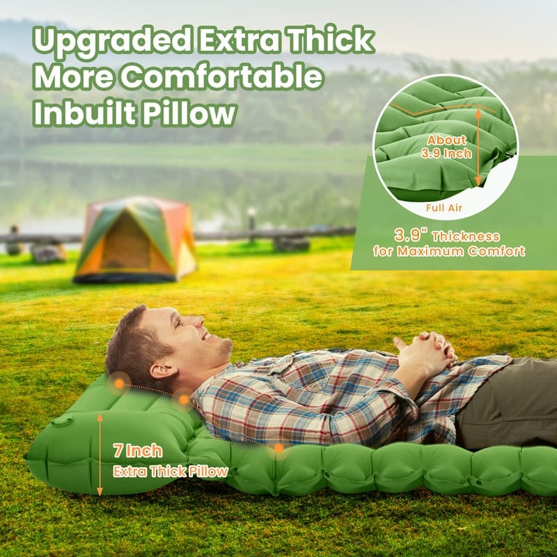 Camping Inflatable Sleeping Pad With Pillow Foot Pump & Carry Bag