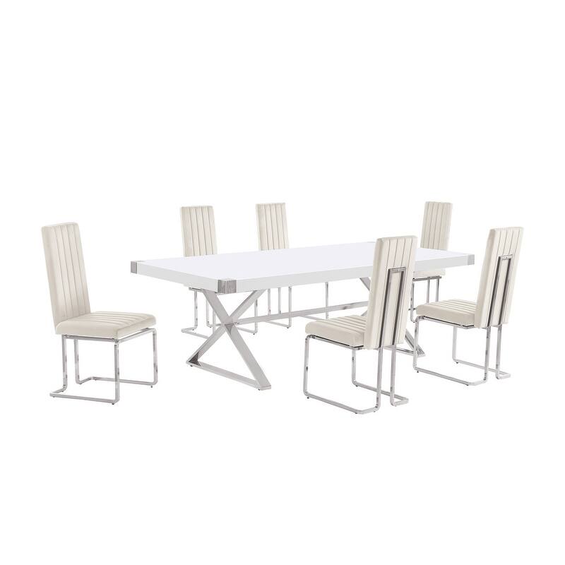 Best Quality Furniture D442/3-SC340-7 Dining Set with 94" White Lacquer Wood Top