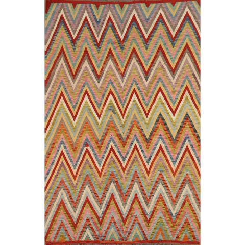 Chevron Style Kilim Area Rug Hand-woven Wool Carpet - 6'8"x 9'5"