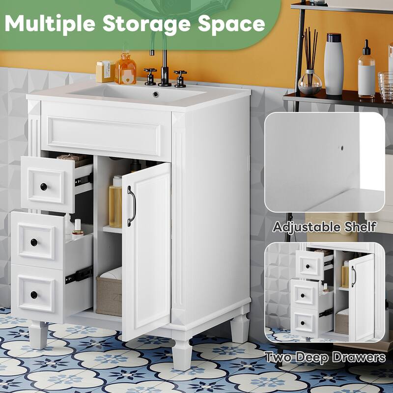 24" Bathroom Vanity with Ceramic Sink, Modern Small Bathroom Cabinet with 2 Drawers & Adjustable Shelf, Space-Saving