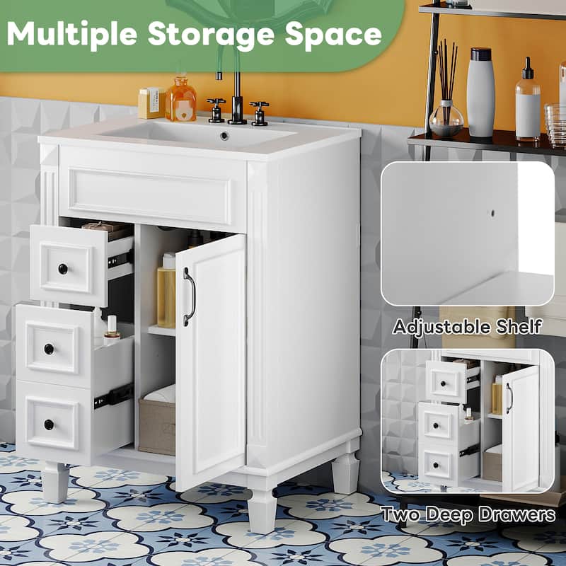 24" Bathroom Vanity with Ceramic Sink - Modern 2-Drawer Storage Cabinet, Adjustable Shelf, Space-Saving Design