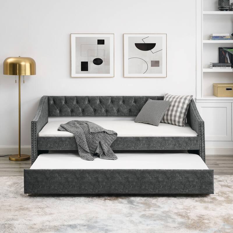 Modern Twin Size Daybed with Button Tufted Back, Wood Frame Upholstered Sofa Bed with Casters, Copper Nail Decorative Armrests