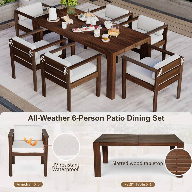 7-Piece Outdoor Patio Dining Set Wood Rectangular Dining Table and 6 Arm Chairs with Parasol Hole and Removable Cushions