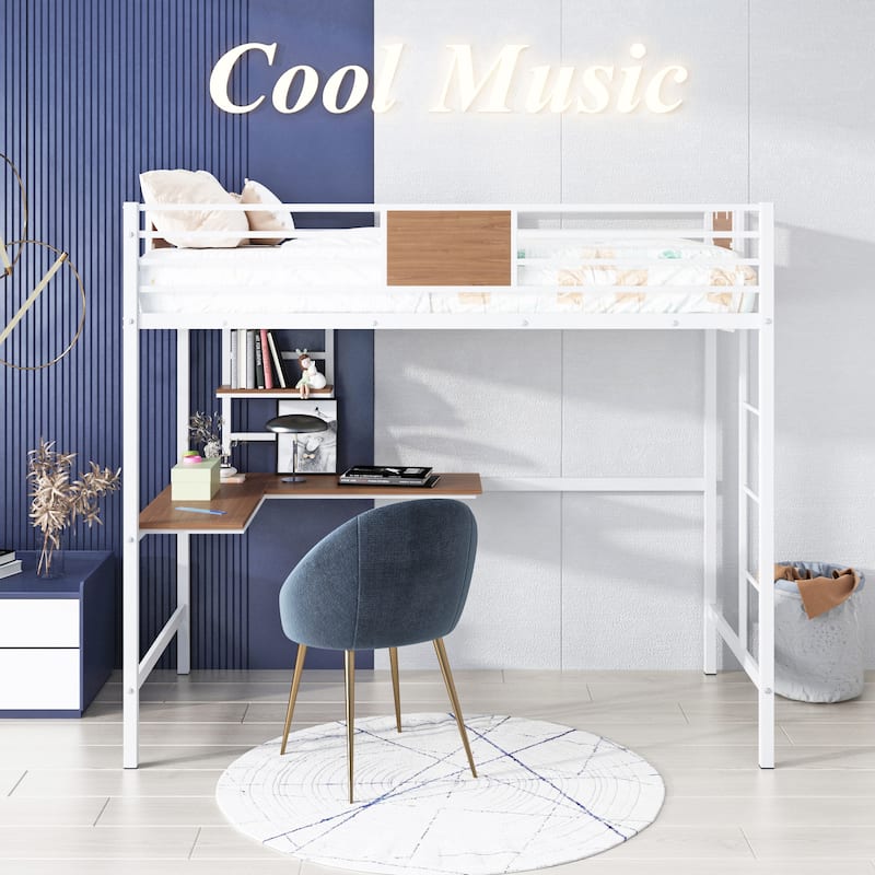 Metal Loft Bed Twin Size with Desk and Shelves