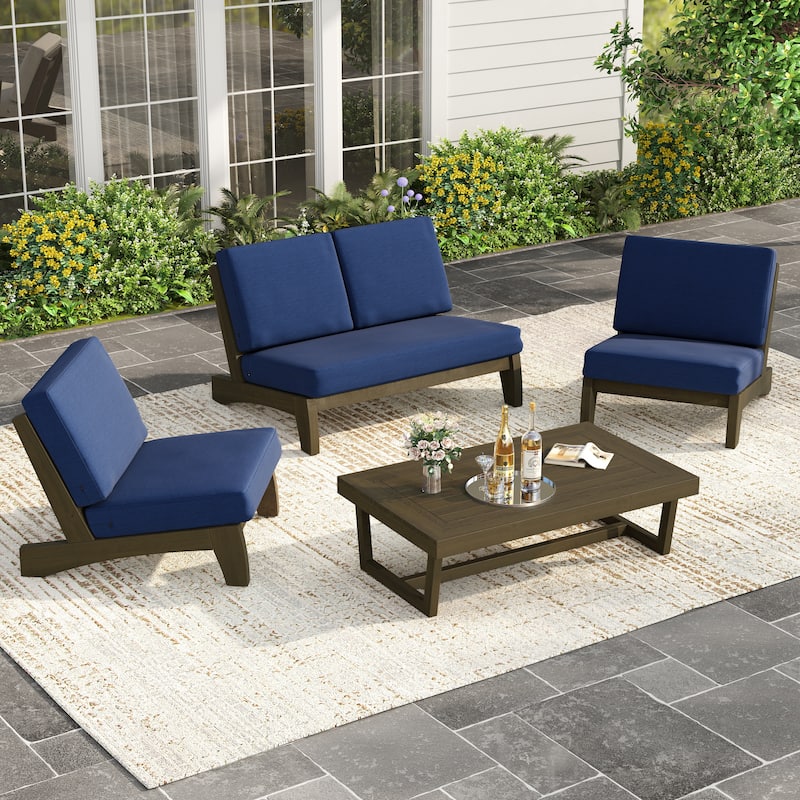 4Piece Wood Outdoor Loveseat Chair Conversation Set with Table Cushion - Natural Wood - Navy