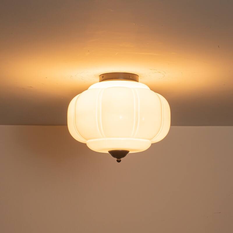 3-Light Transitional Metal & Glass Flush Mount with Charming Pumpkin Milk Glass Shade for Living Room - 15 in. W x 13 in. H