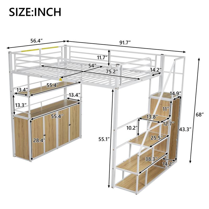 Full Loft Bed with Built-in Wardrobe, Storage Staircase & Shelves, Metal Frame