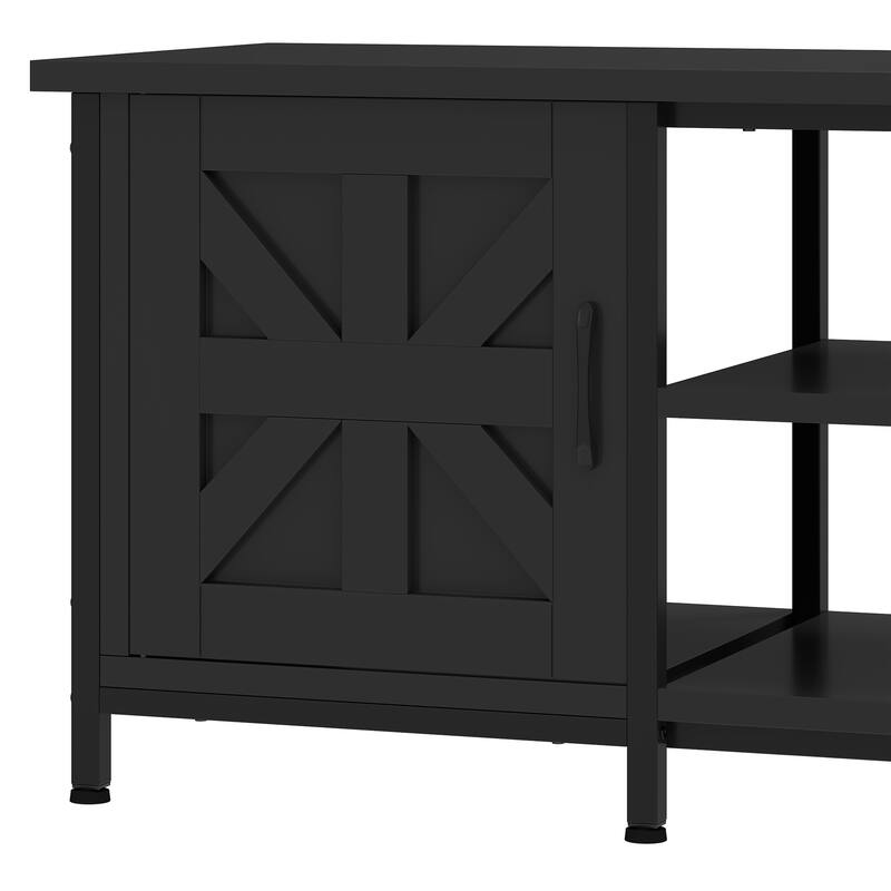 Moasis Farmhouse TV Stand with LED & Charging, Storage Cabinet and Shelves for TVs up to 70", Black