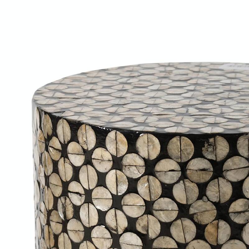 Modern Drum Stool - Black/Gold Capiz Shell Design, End Table, Side Table - D14x20"