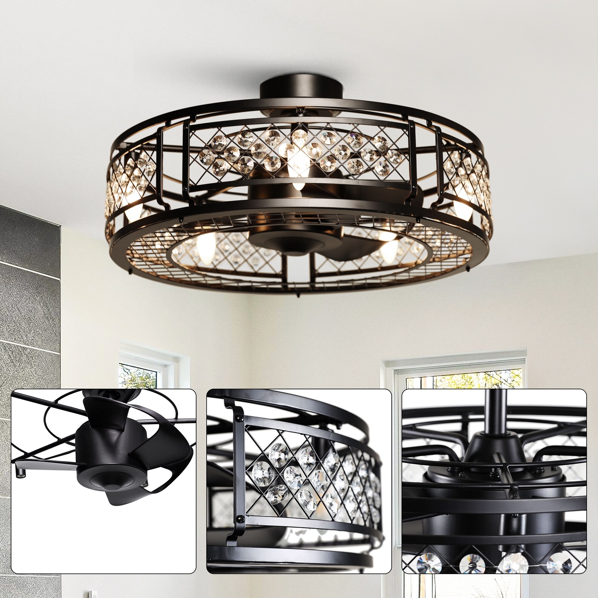 FookChak Crystal Caged Ceiling Fan Light - Black Fandelier With Remote, 8 Blades, 4 Lights - View #2