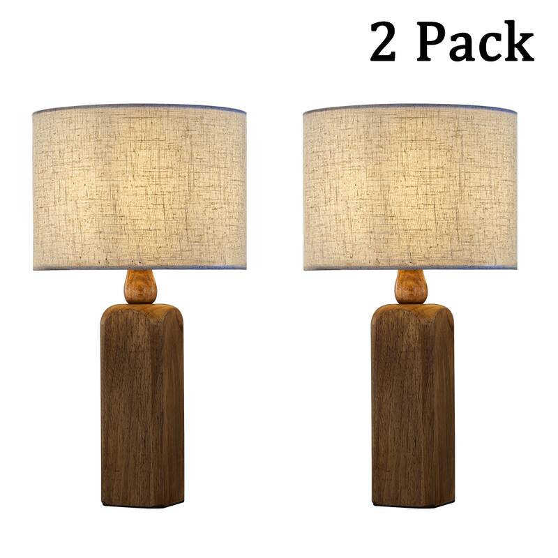 Farmhouse Traditional Natural Brown Solid Wood Base Table Lamp with Beige Fabric Shade for Bedroom Living Room（Set of 2)