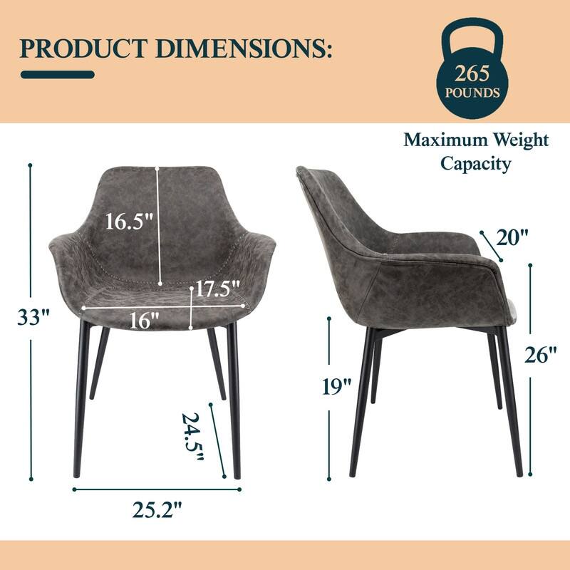 Markley Mid-Century Modern Upholstered Distressed Leather Dining Chair with Comfy Curved Seat & Strong Powder-Coated Metal Legs