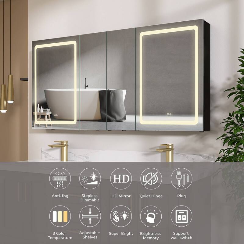 ZEAFIVE LED Black Bathroom Medicine Cabinet Surface Mount Defog Medicine Cabinet 3 Lights Dimmable