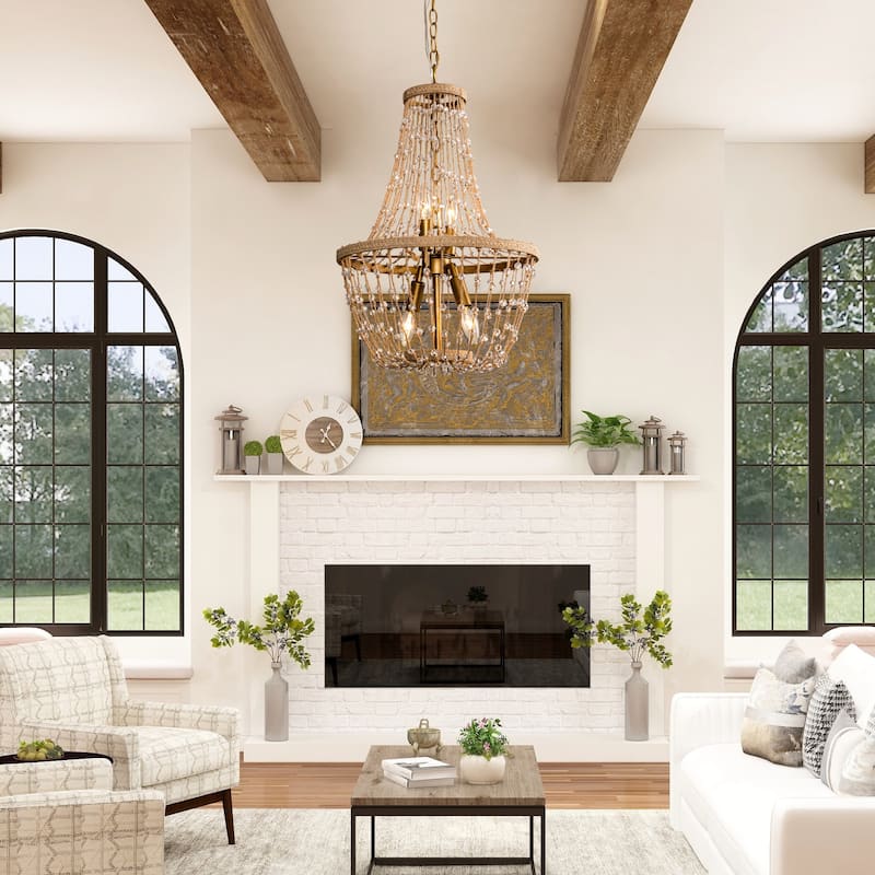 Bohemian Natural Brown Hemp Rope 4-Light Basket Chandelier - 16.54" fixture width x 25.2" fixture height