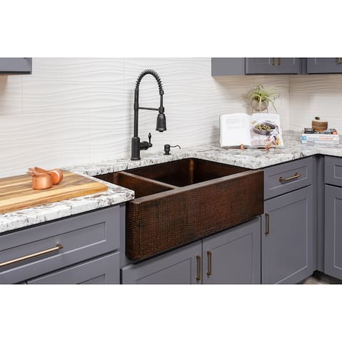 33-in Hammered Copper Apron Front 25/75 Double Basin Kitchen Sink (KA25DB33229)