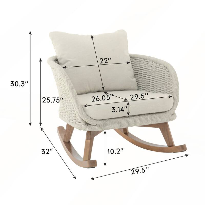 Contemporary Minimalist Beige Wicker Rocking Chair with Soft Polyester Cushions and Durable Wooden Frame