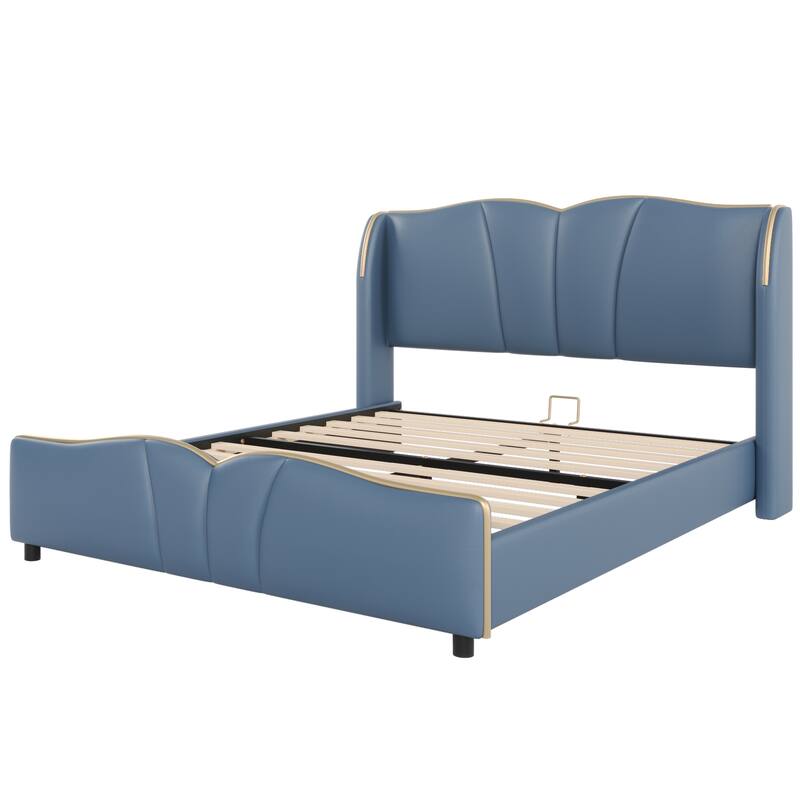 PU Leather Upholstered Bed Wingback Bed, Platform Bed Frame with Wave-Shaped Headboard & Footboard