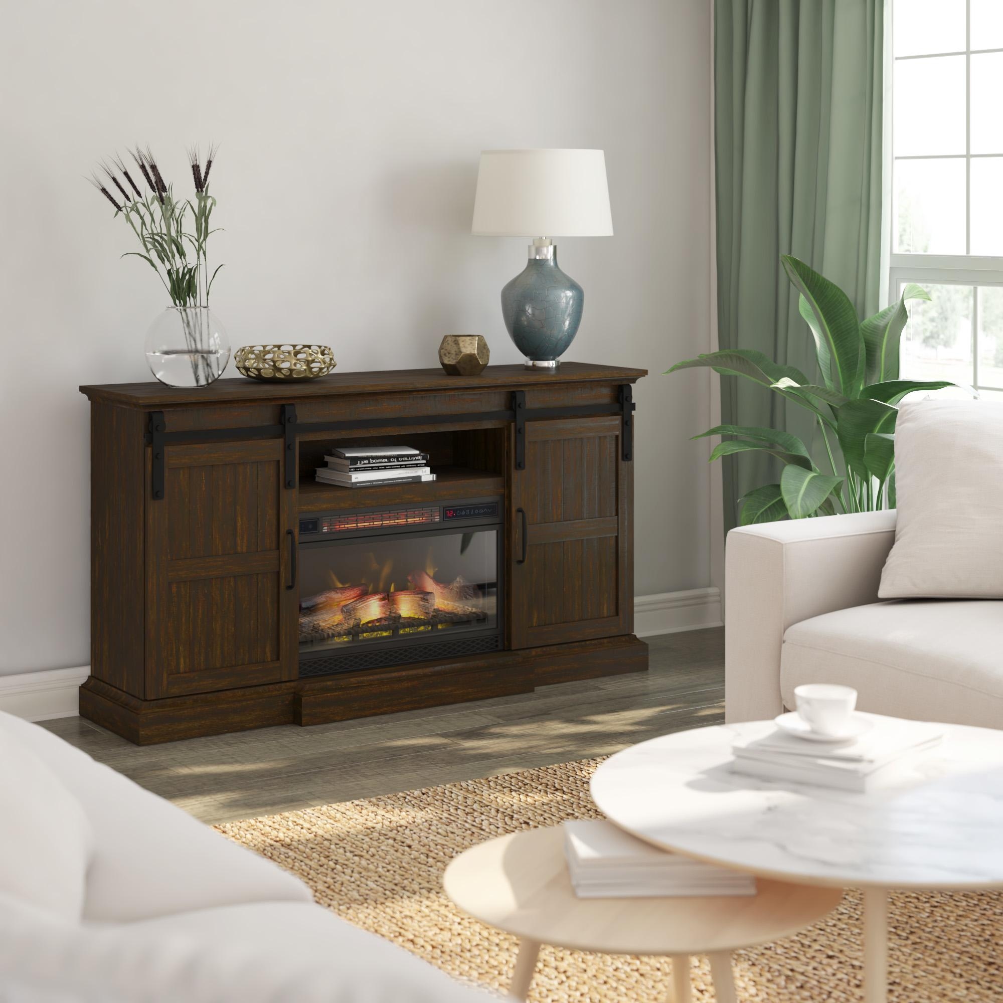 Sliding barn deals door electric fireplace