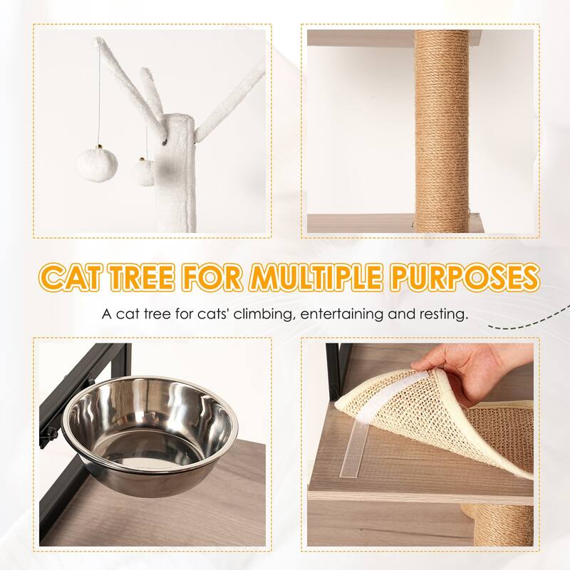 Cat Tree with Litter Box Enclosure - Modern Cat Condo with Scratching Posts, Feeding Bowl & Removable Pompom Sticks - White+gray