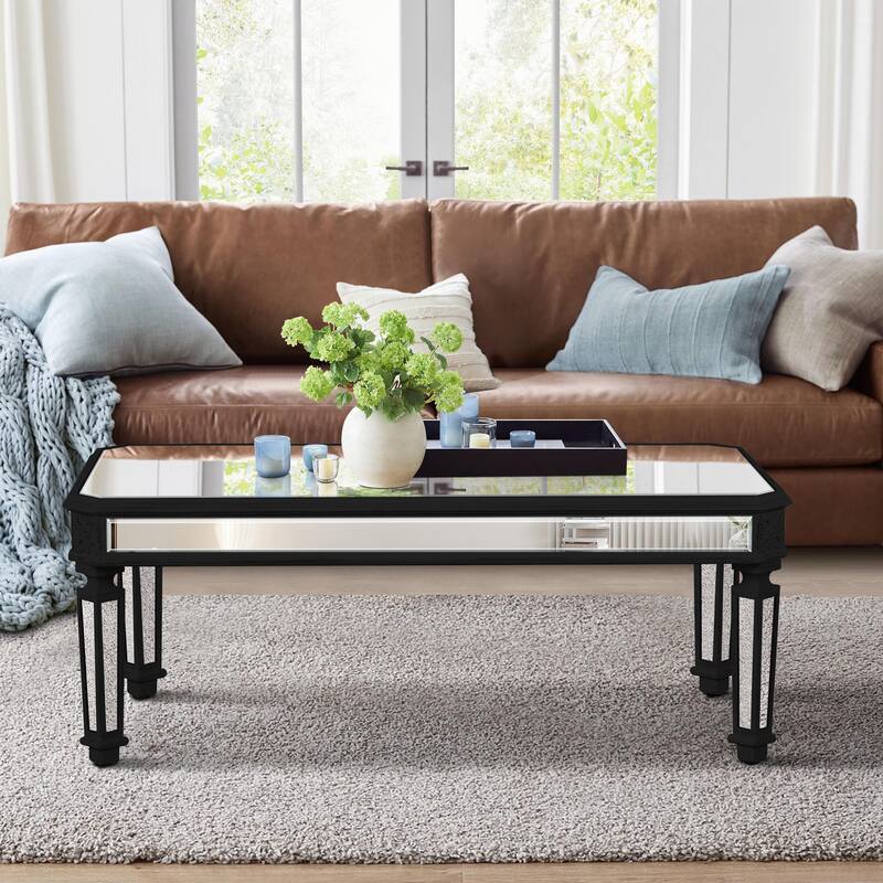 47" Modern Rectangular Mirror Coffee Table with Fluted Tempered Glass