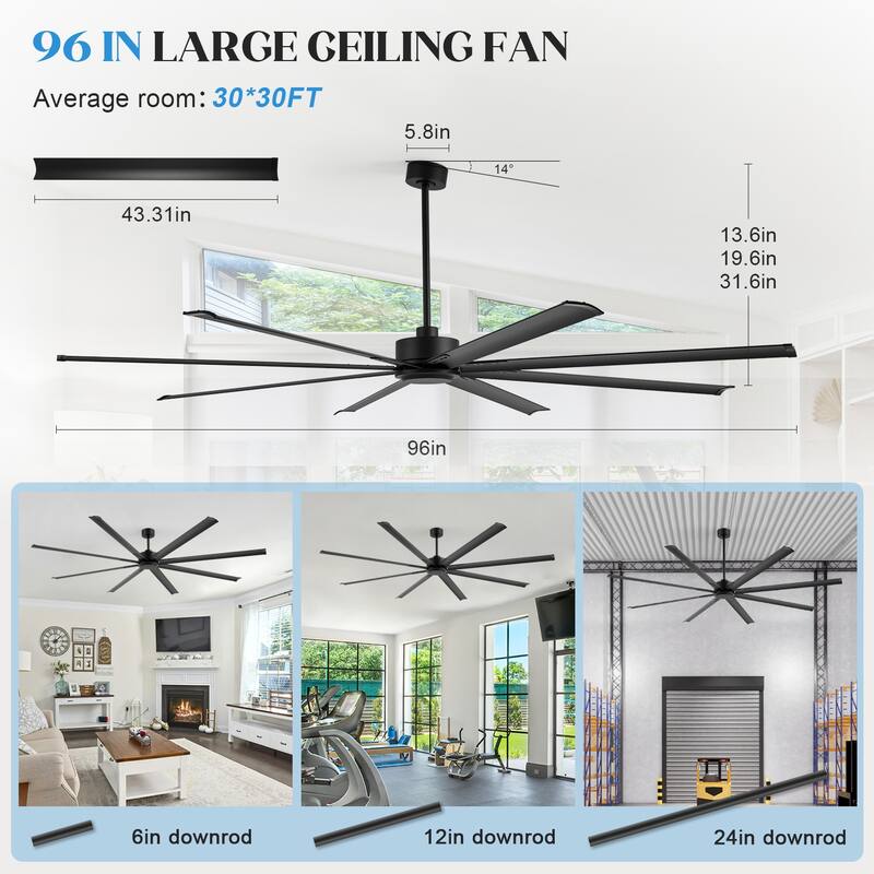 Large 96/120-inch Industrial Ceiling Fan without Light with Remote (6/8-Aluminum Blades)