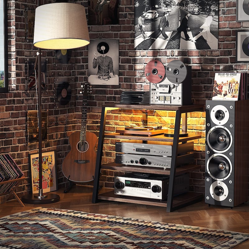 4-Tier Wooden AV Component Media Stand Stereo Cabinet with Power Outlets and LED Lights