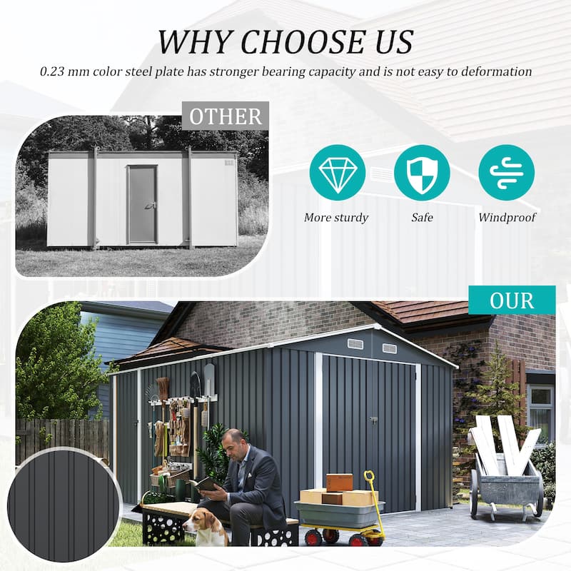 Campcraft Grey Outdoor Metal Storage Shed (9×11 FT) – Utility Tool Shed Equipped With 3 Lockable Doors And 4 Vents. - 9×11 FT