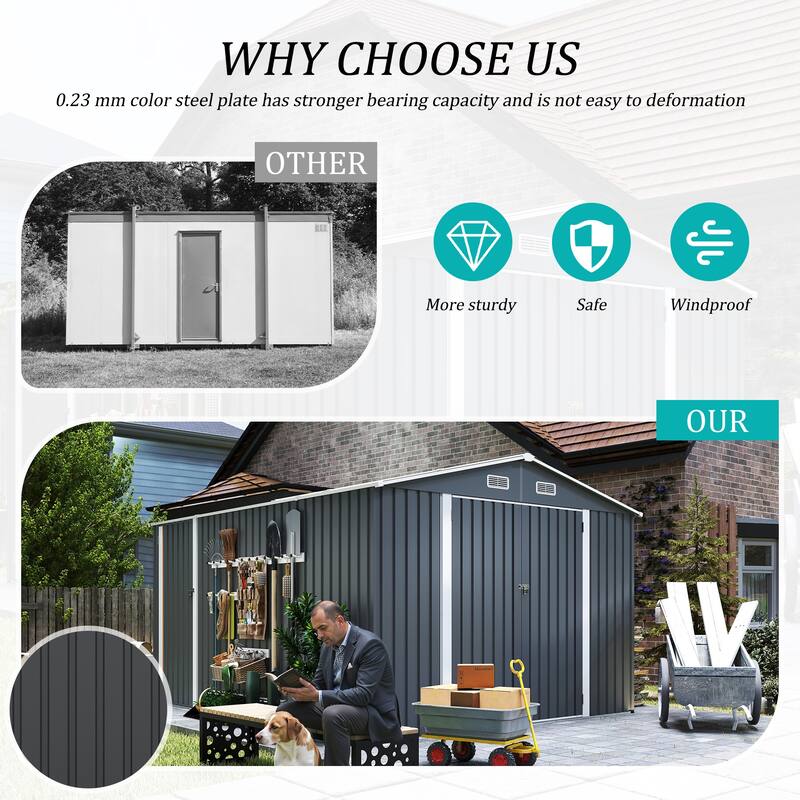 Outdoor Storage Shed 9×11 FT with 3 Lockable Doors,Utility Tool Shed Metal Storage Garden Sheds 4 Vents,Metal Sheds