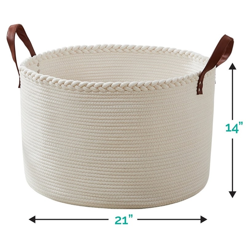Large Round Cotton Rope Storage Basket Laundry Hamper with Leather Handles, 21 x 21 x 14 - 21" x 21" x 14"