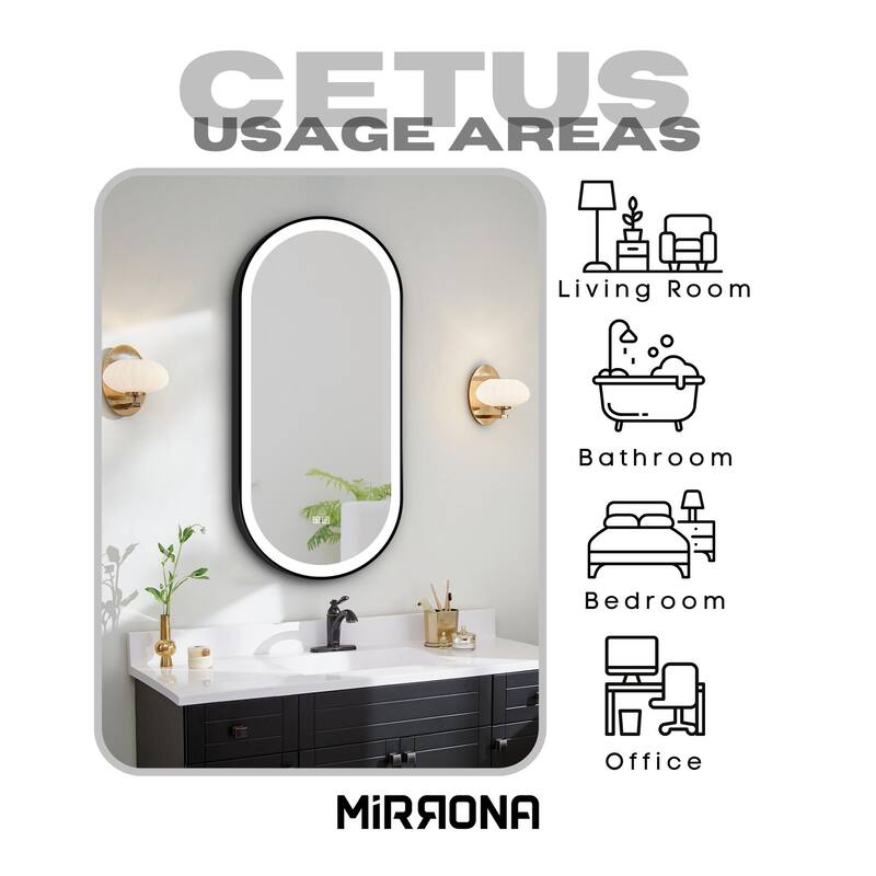 20" x 40" Pill Shape Metal Frame LED Anti-fog Bathroom Vanity Mirror