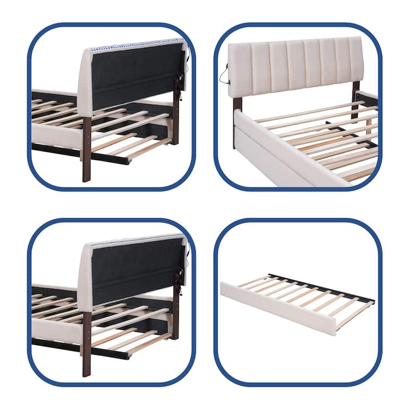 Full Size Upholstered Platform Bed with Trundle and LED Bed Frame