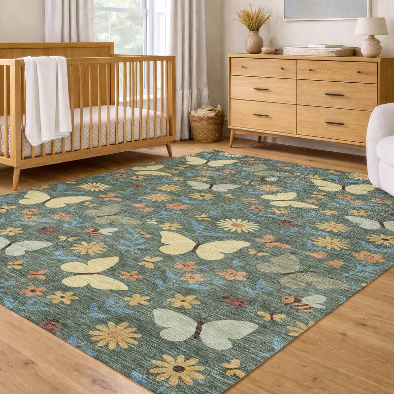 Machine Washable Indoor/ Outdoor Whimsy Butterfly Chantille Rug