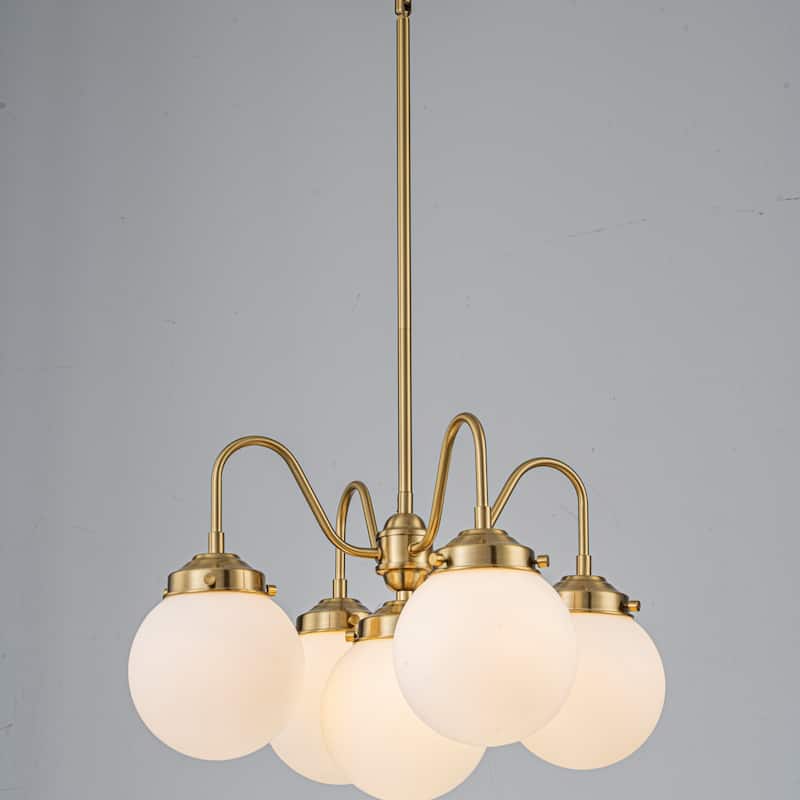 5-Light Mid-Century Modern Brass-Tone & Frosted Glass Chandelier for Living Room - 5 Light