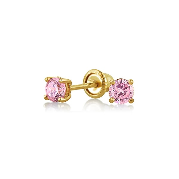 Tiny Cubic Zirconia Pink Imitation Pink Topaz CZ Round Solitaire Stud Earrings Real 14K Yellow Gold Screwback