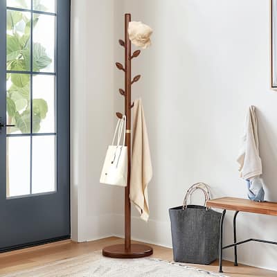 Tree-branch Rubberwood Freestanding Coat Rack with Hooks