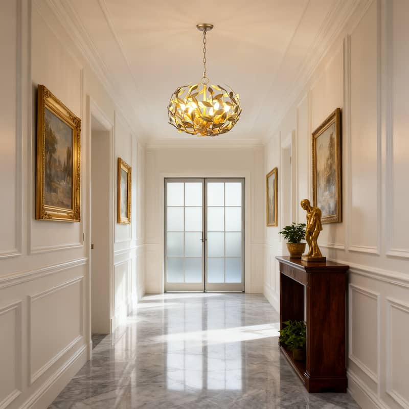 Antique Gold Olive Leaf Spherical Hollow Shade 6-Light Chandelier - 19.7"Wx15.4"H