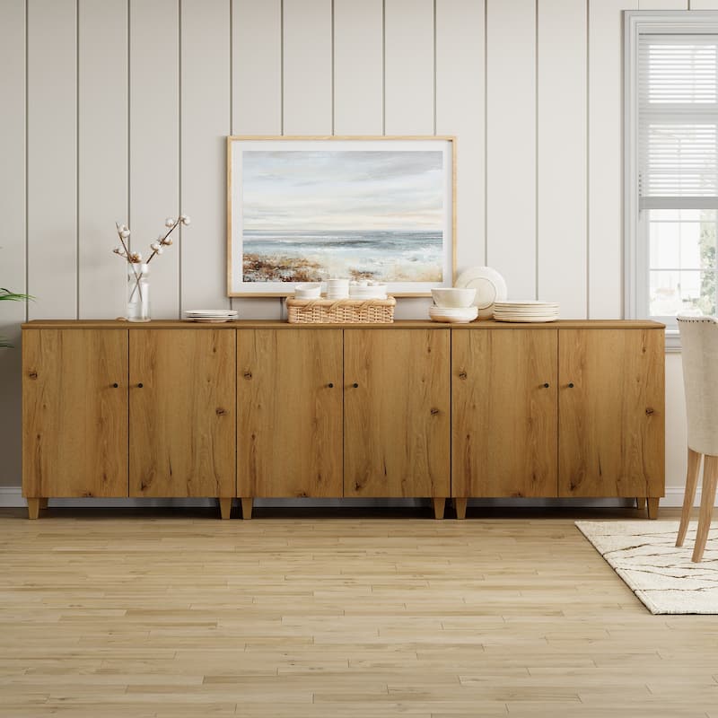 Buffet Cabinet with 3 Compartments for Dining Room, 32.4"H Sideboard - 142 Inches - Oak Brown