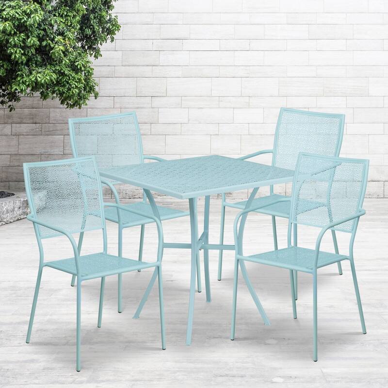 28'' Square Indoor-Outdoor Steel Patio Table Set with 4 Square Back Chairs - Sky Blue