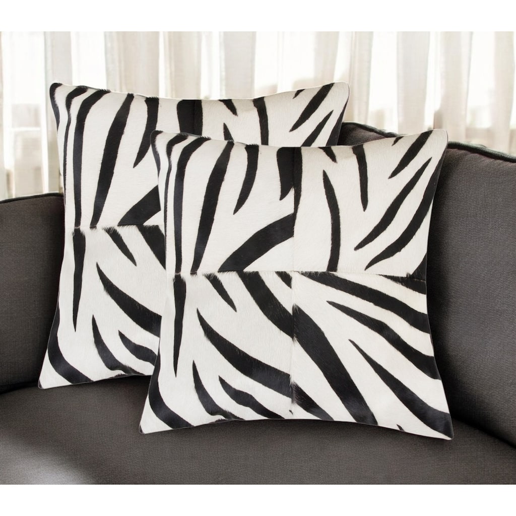 Set of Two 18" White and Black Zebra Cowhide Throw Pillows
