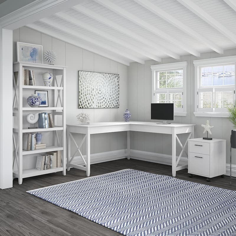 Key West 60W L Desk with File Cabinet and Bookcase by Bush Furniture - Pure White
