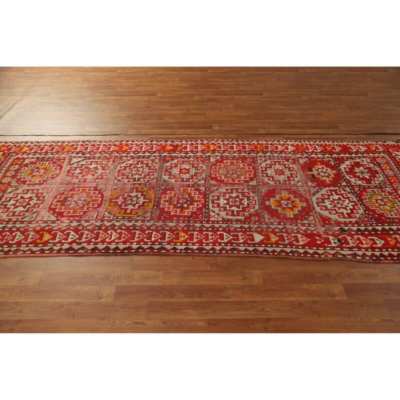 Hand Knotted Oriental 100% Wool Carpet Transitional Geometric Red Anatolian Runner Rug - 9' 9'' X 3' 8''