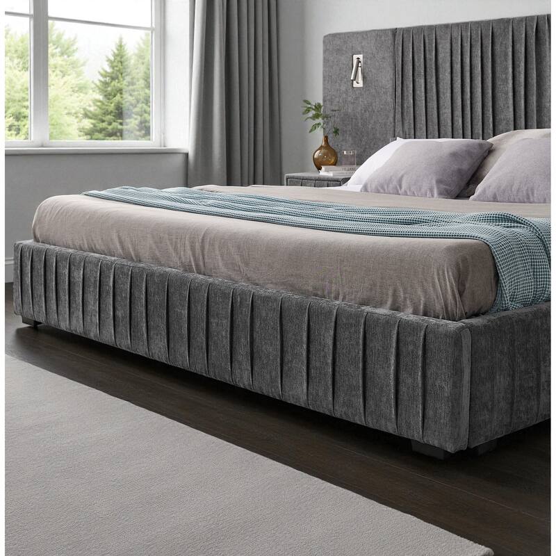 King Upholstered Platform Bed with Pleated Chenille Headboard, Built-in Bedside Table & Adjustable Lamps, No Box Spring