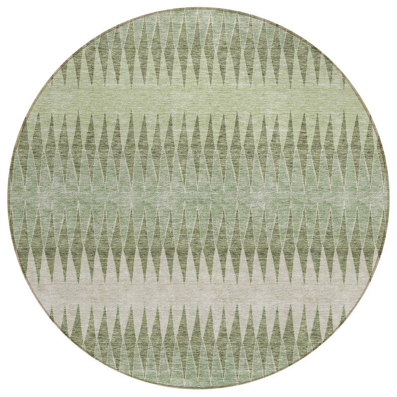 Artichoke Green And Light Green Round Striped Washable Indoor Outdoor Area Rug - 8' Round