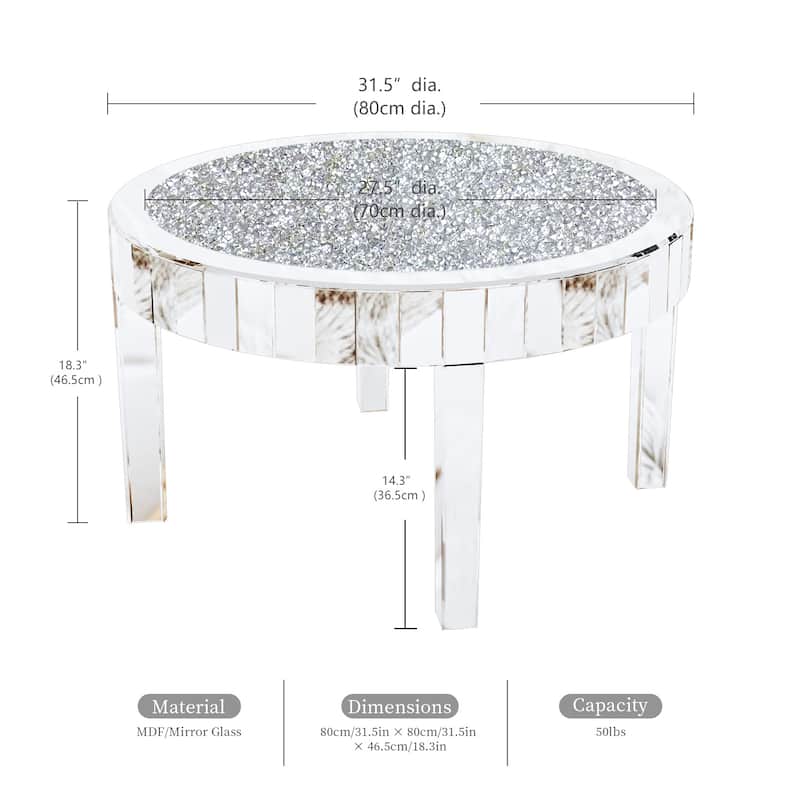 Mirrored Glass Coffee Table with Crystal Diamonds Surface Mirror Beveled Side Table