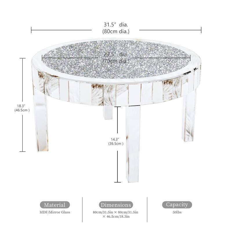 Modern Mirror Glass Round Coffee Table with Crushed Diamond - 31.5"x18.3"