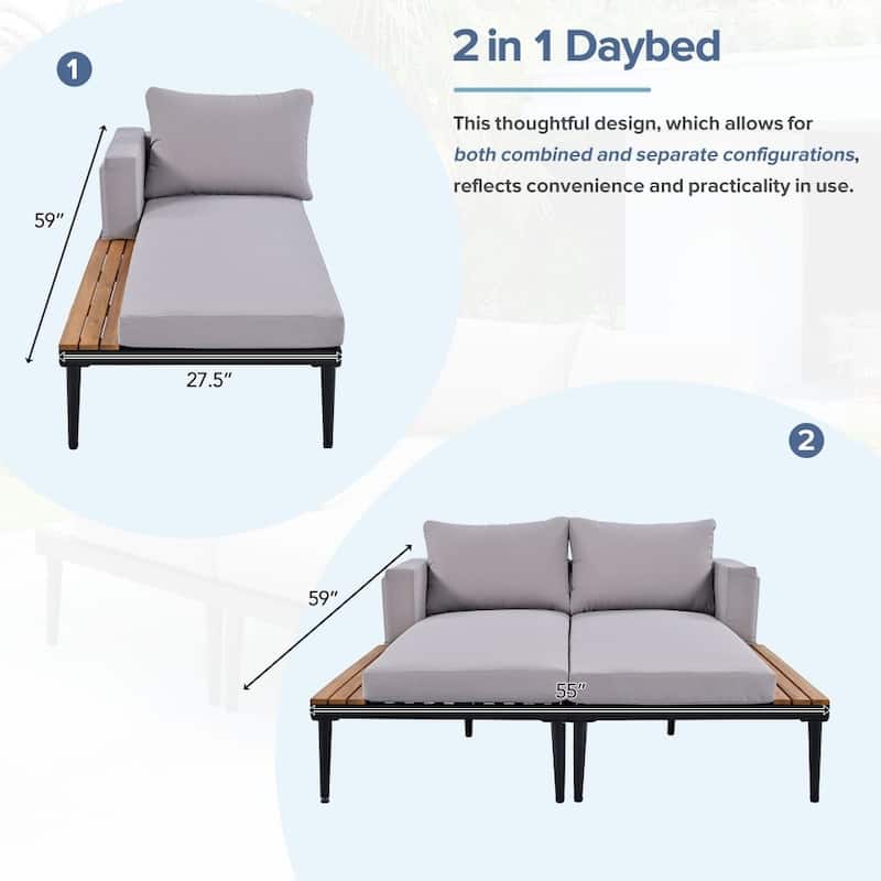 Modern Outdoor Daybed Patio Metal Daybed with Wood Topped Side Spaces